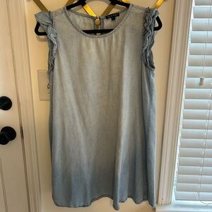 Light wash denim mini dress with frilled sleeves